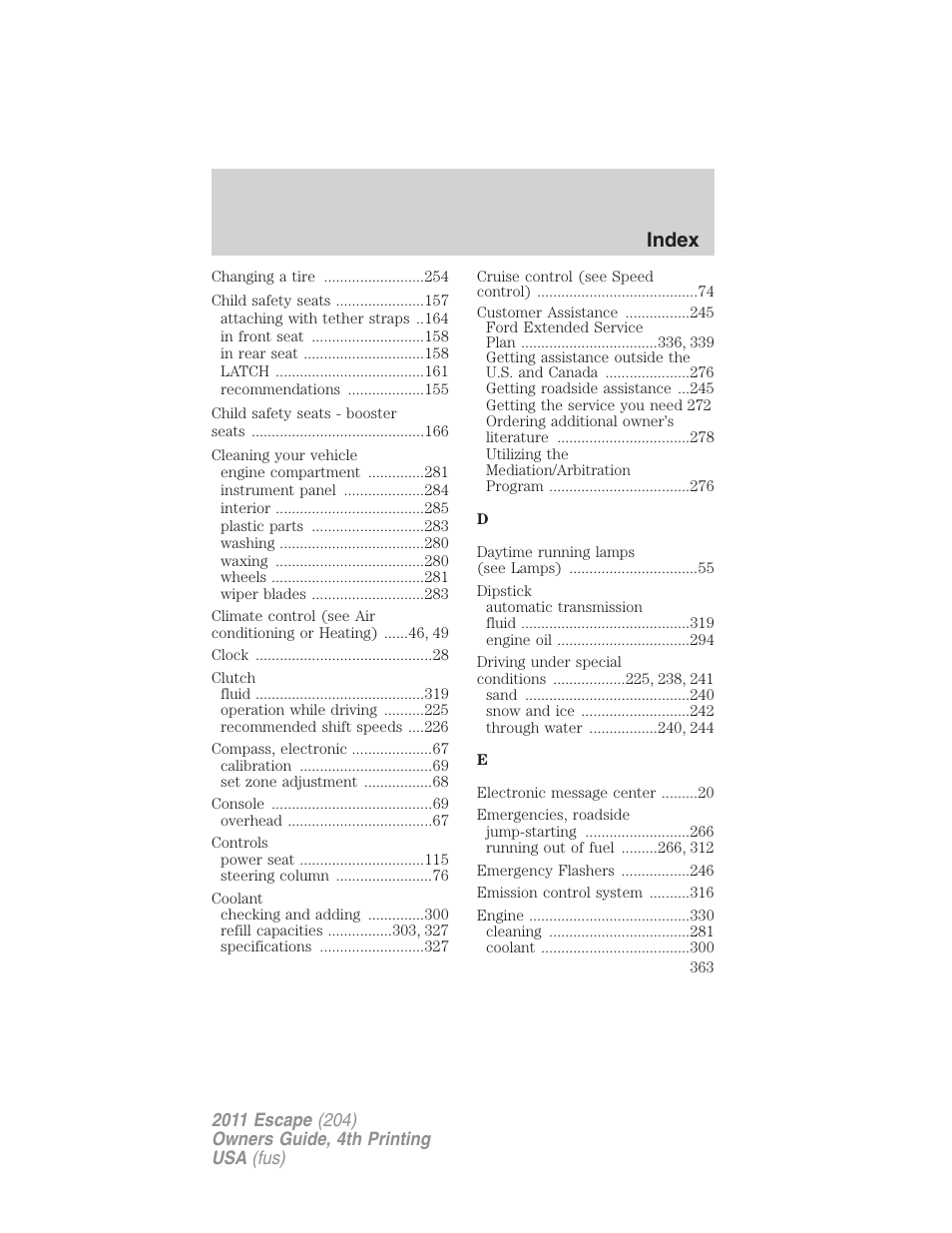 Index | FORD 2011 Escape v.4 User Manual | Page 363 / 368