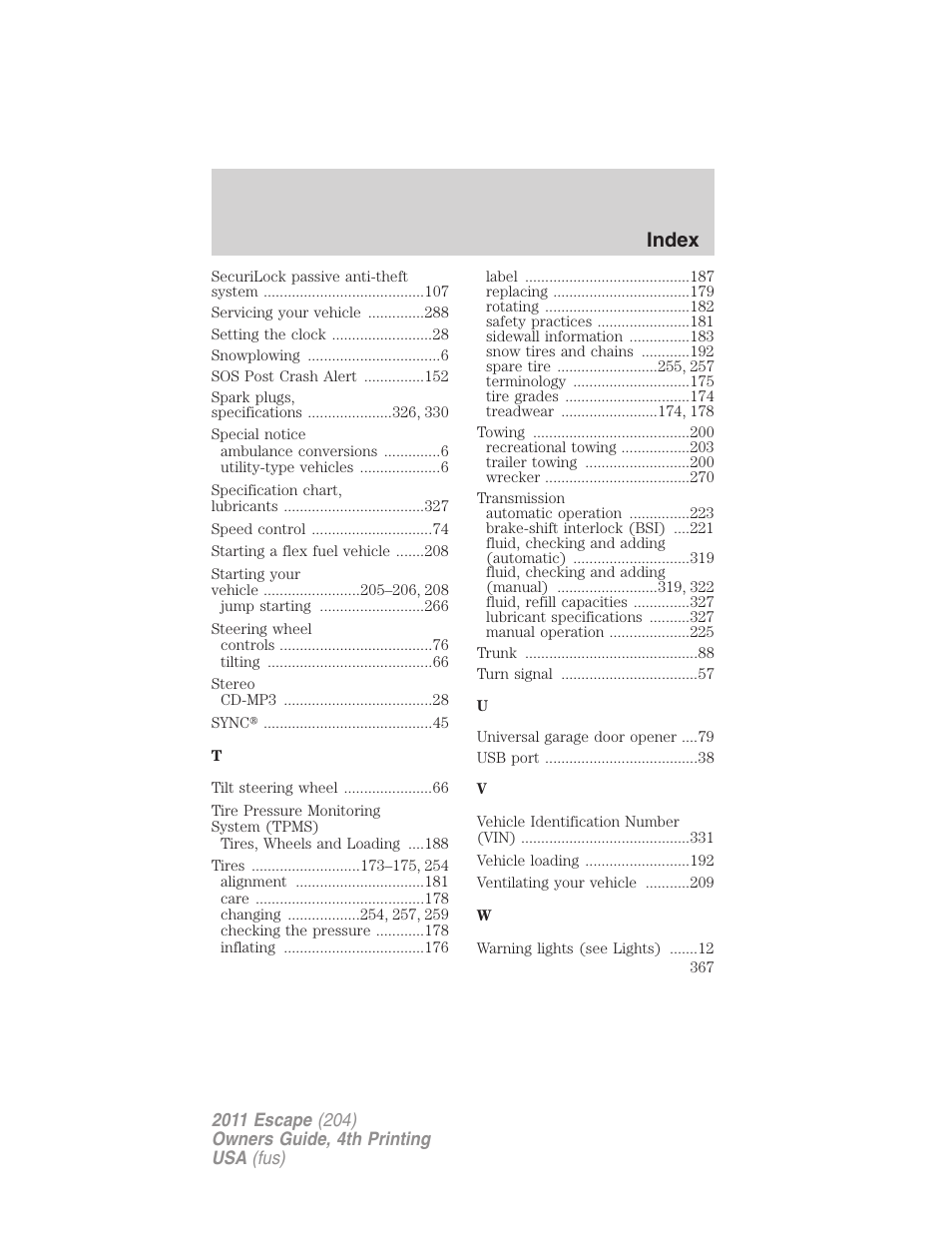 Index | FORD 2011 Escape v.4 User Manual | Page 367 / 368