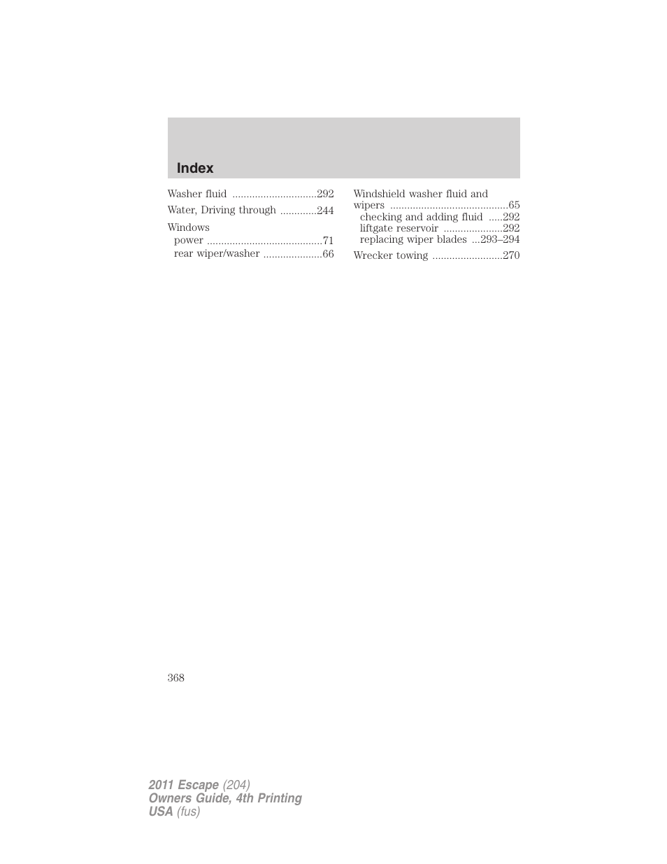 Index | FORD 2011 Escape v.4 User Manual | Page 368 / 368