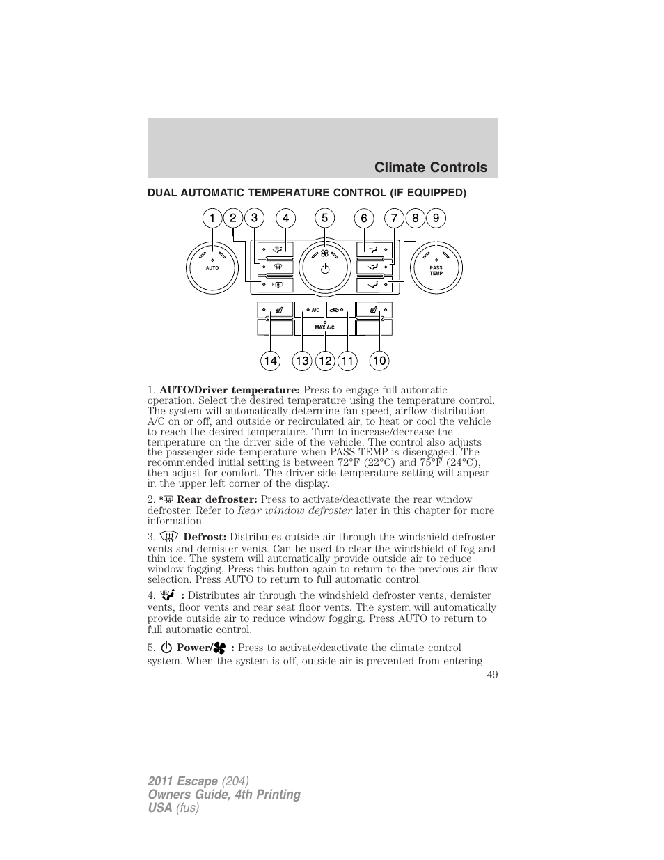 Dual automatic temperature control (if equipped), Dual automatic temperature control, Climate controls | FORD 2011 Escape v.4 User Manual | Page 49 / 368