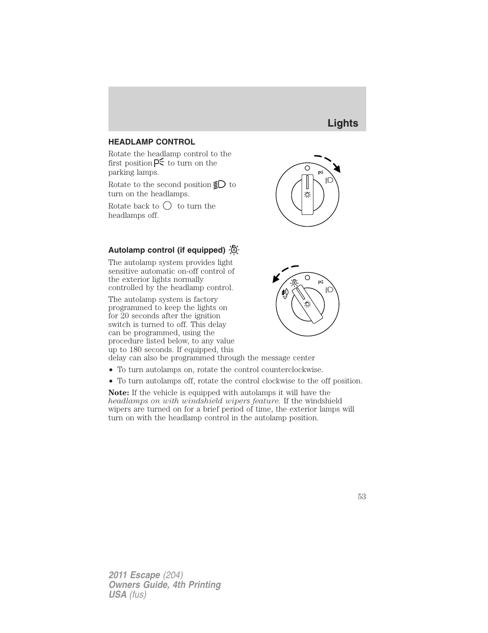 Lights, Headlamp control, Autolamp control (if equipped) | Headlamps | FORD 2011 Escape v.4 User Manual | Page 53 / 368