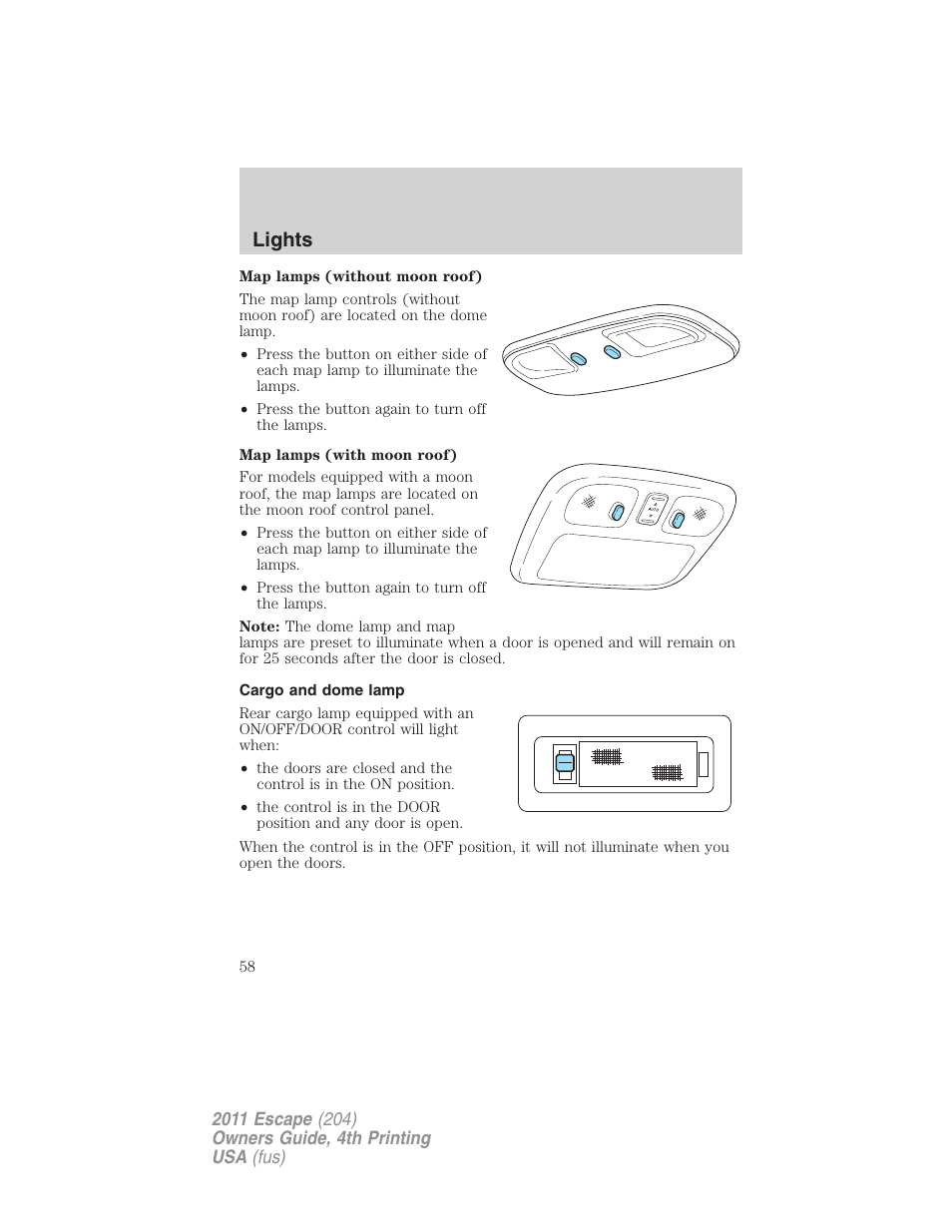 Cargo and dome lamp, Lights | FORD 2011 Escape v.4 User Manual | Page 58 / 368
