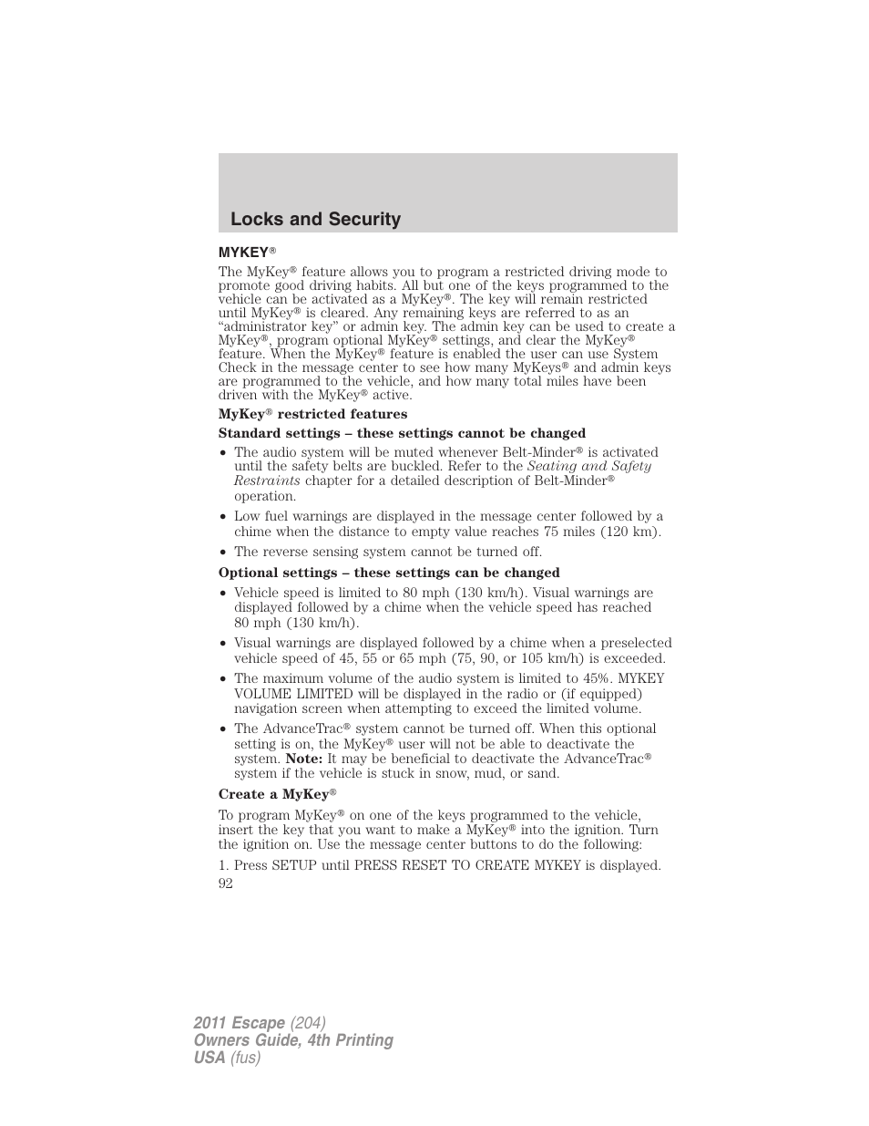 Mykey, Locks and security | FORD 2011 Escape v.4 User Manual | Page 92 / 368