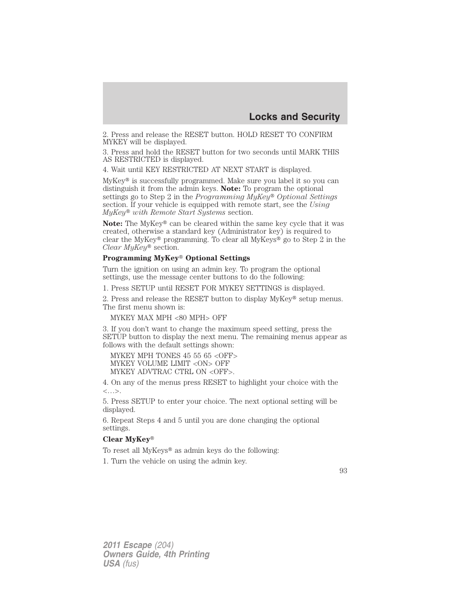 Locks and security | FORD 2011 Escape v.4 User Manual | Page 93 / 368