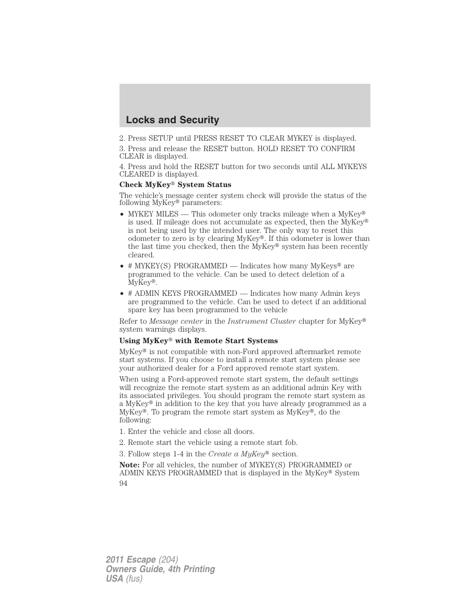 Locks and security | FORD 2011 Escape v.4 User Manual | Page 94 / 368