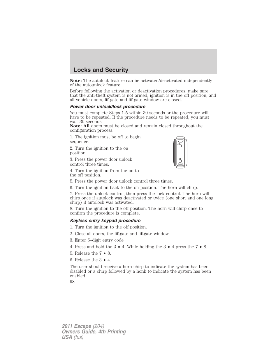 Power door unlock/lock procedure, Keyless entry keypad procedure, Locks and security | FORD 2011 Escape v.4 User Manual | Page 98 / 368