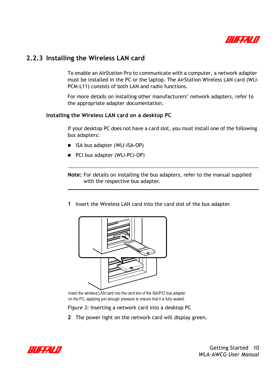 3 installing the wireless lan card | Buffalo Technology AirStation Pro WLA-AWCG User Manual | Page 13 / 96