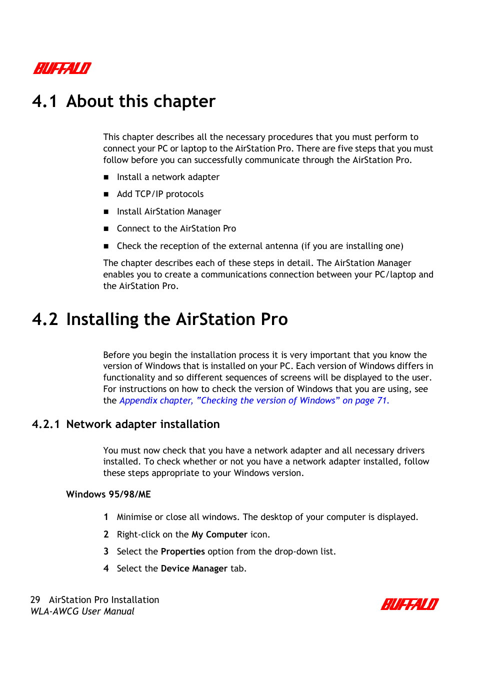 1 about this chapter, 2 installing the airstation pro | Buffalo Technology AirStation Pro WLA-AWCG User Manual | Page 32 / 96