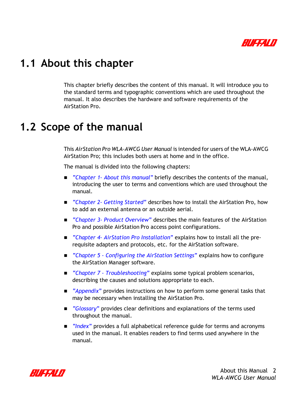 1 about this chapter, 2 scope of the manual | Buffalo Technology AirStation Pro WLA-AWCG User Manual | Page 5 / 96