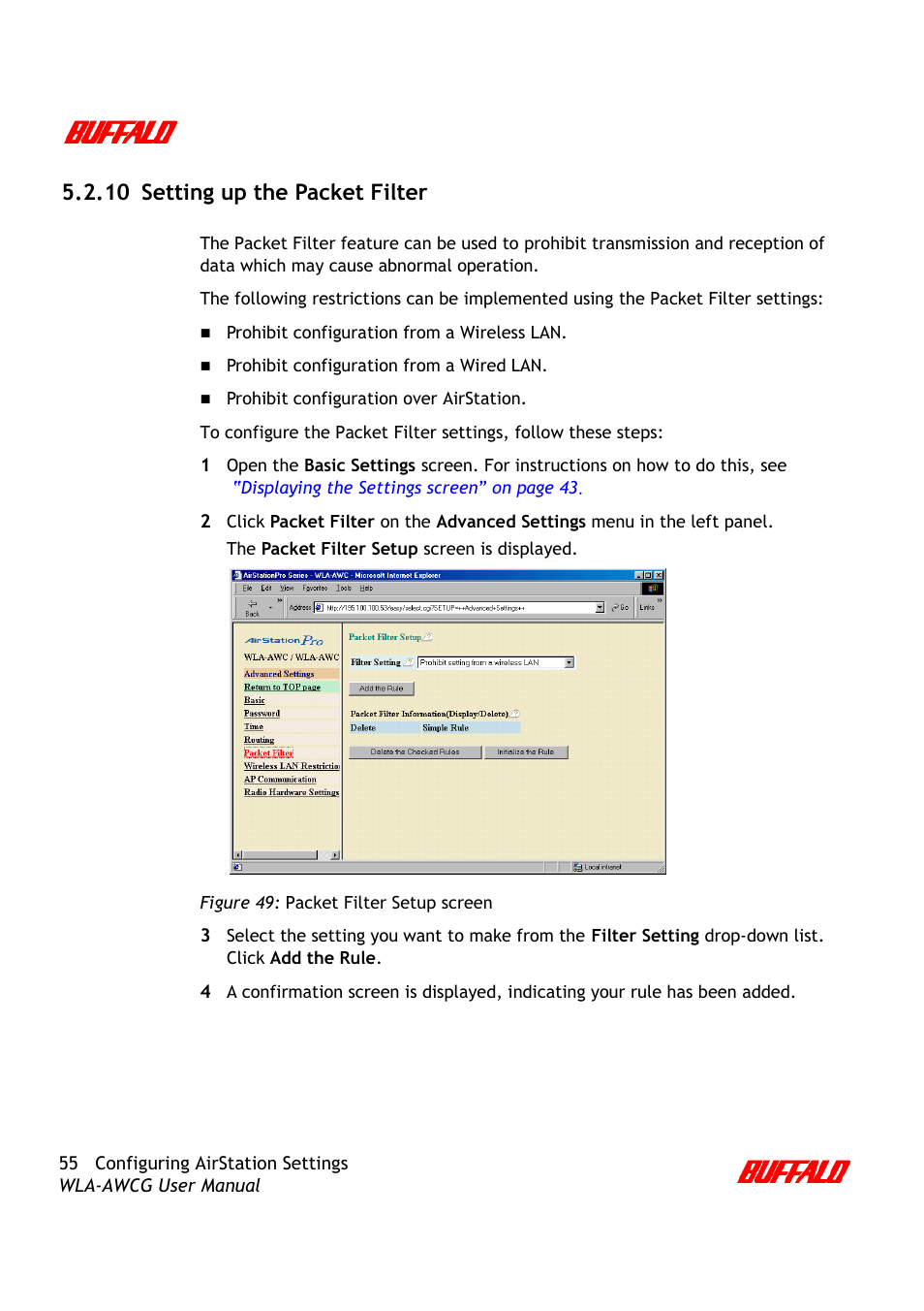 10 setting up the packet filter | Buffalo Technology AirStation Pro WLA-AWCG User Manual | Page 58 / 96