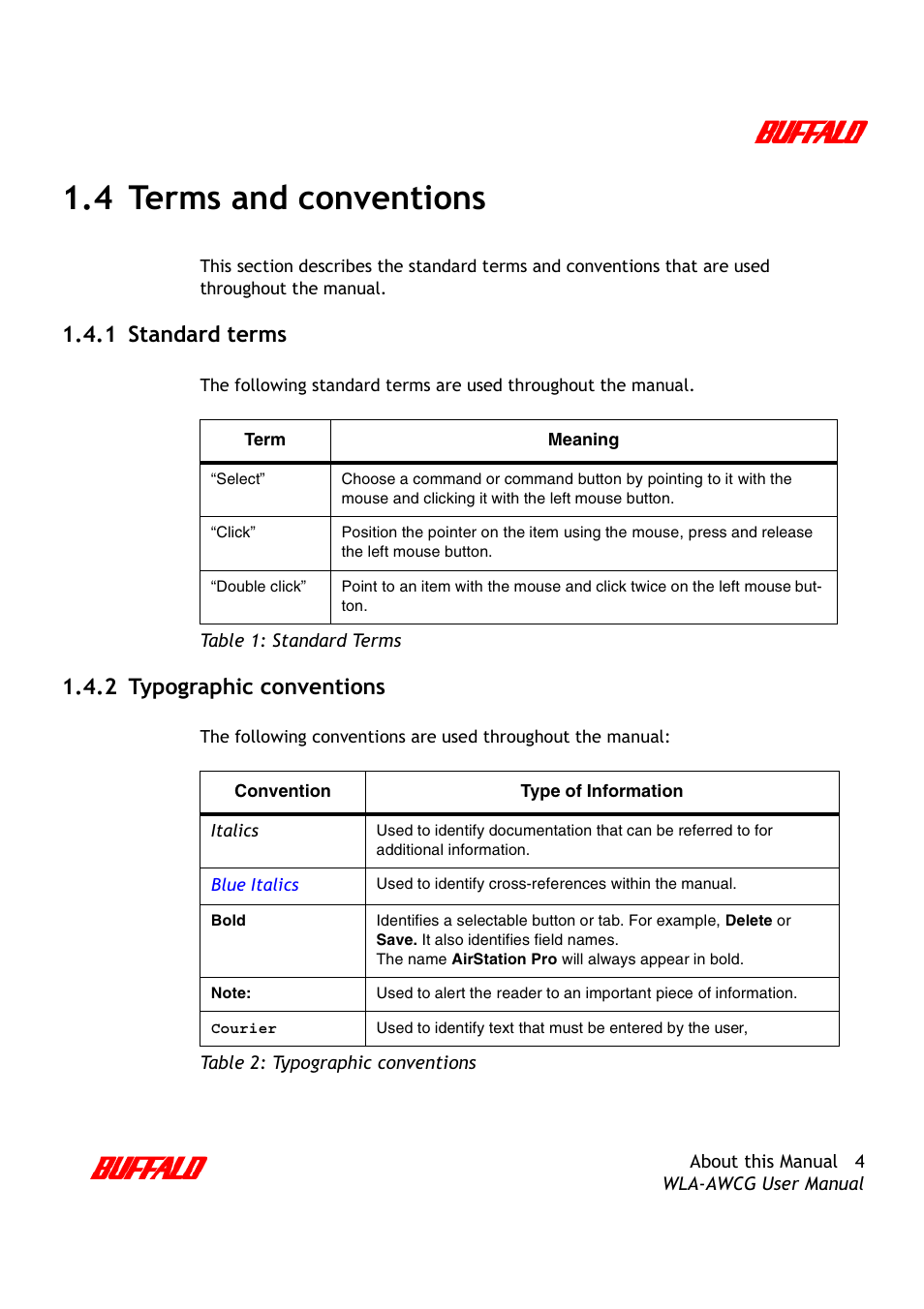 4 terms and conventions, 1 standard terms, 2 typographic conventions | Buffalo Technology AirStation Pro WLA-AWCG User Manual | Page 7 / 96