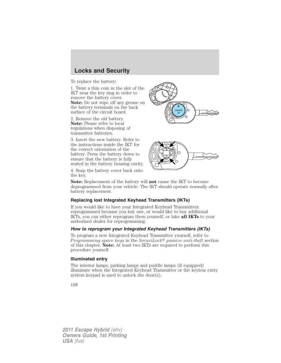Illuminated entry, Locks and security | FORD 2011 Escape Hybrid v.1 User Manual | Page 108 / 363