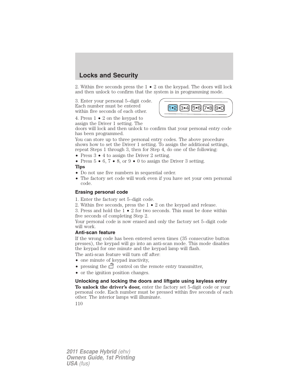 Erasing personal code, Anti-scan feature, Locks and security | FORD 2011 Escape Hybrid v.1 User Manual | Page 110 / 363