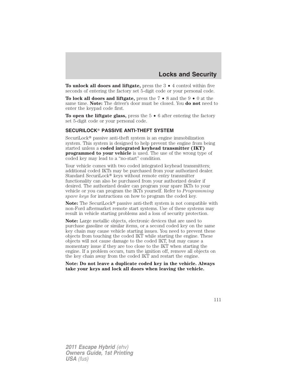 Securilock passive anti-theft system, Anti-theft system, Locks and security | FORD 2011 Escape Hybrid v.1 User Manual | Page 111 / 363