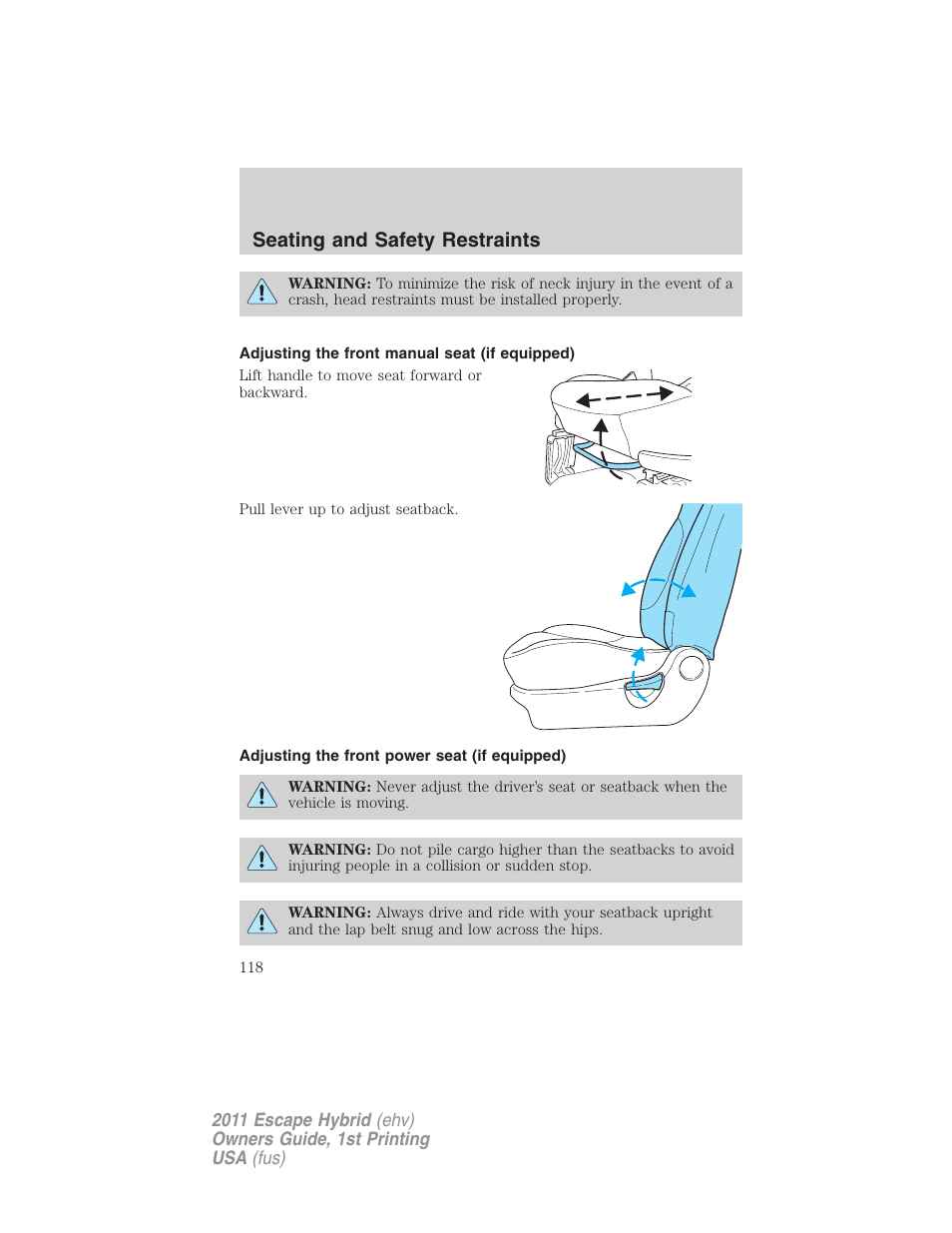 Adjusting the front manual seat (if equipped), Adjusting the front power seat (if equipped), Seating and safety restraints | FORD 2011 Escape Hybrid v.1 User Manual | Page 118 / 363