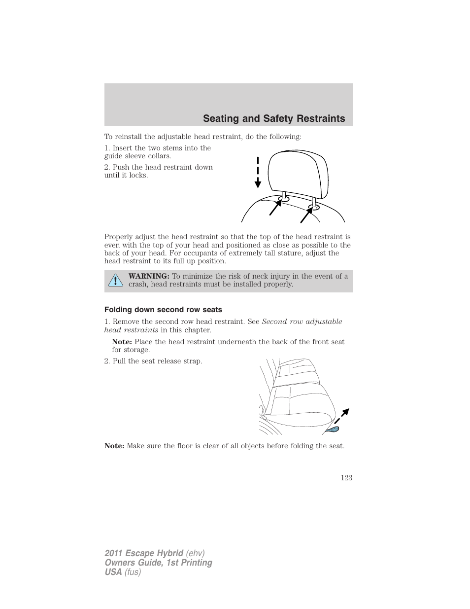 Folding down second row seats, Seating and safety restraints | FORD 2011 Escape Hybrid v.1 User Manual | Page 123 / 363