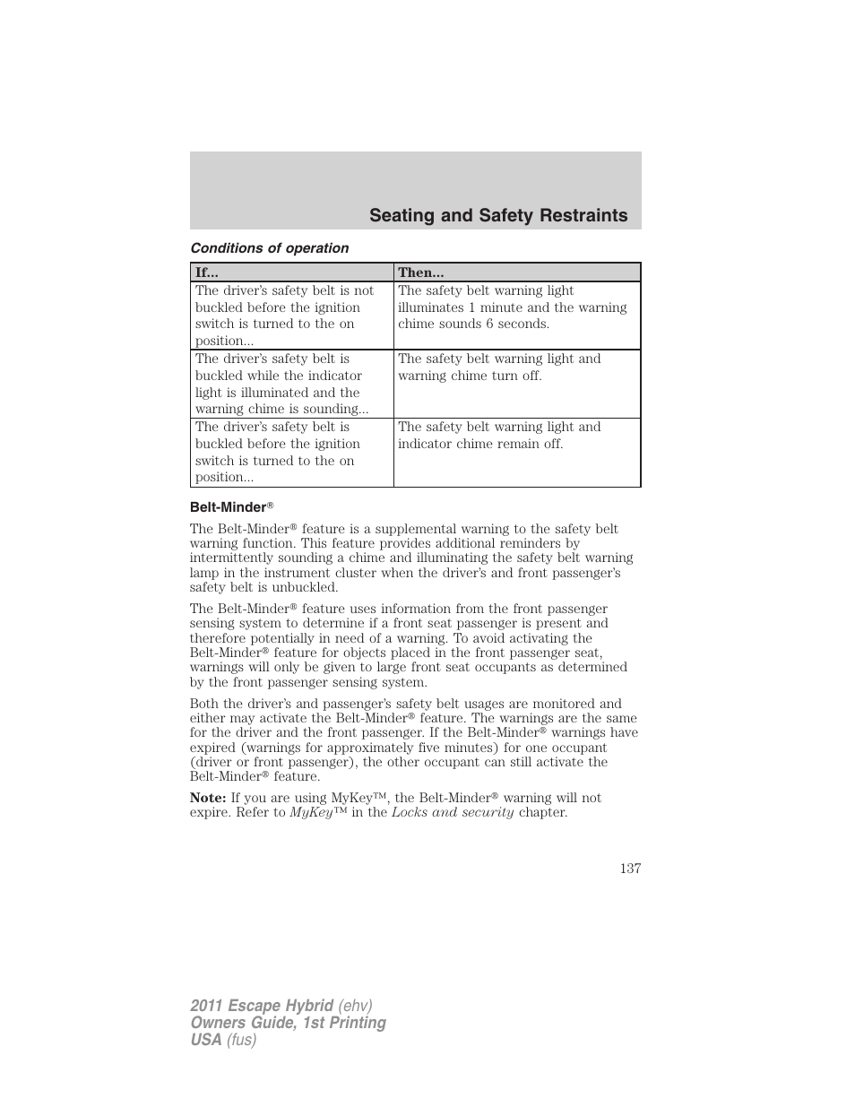 Conditions of operation, Belt-minder, Seating and safety restraints | FORD 2011 Escape Hybrid v.1 User Manual | Page 137 / 363