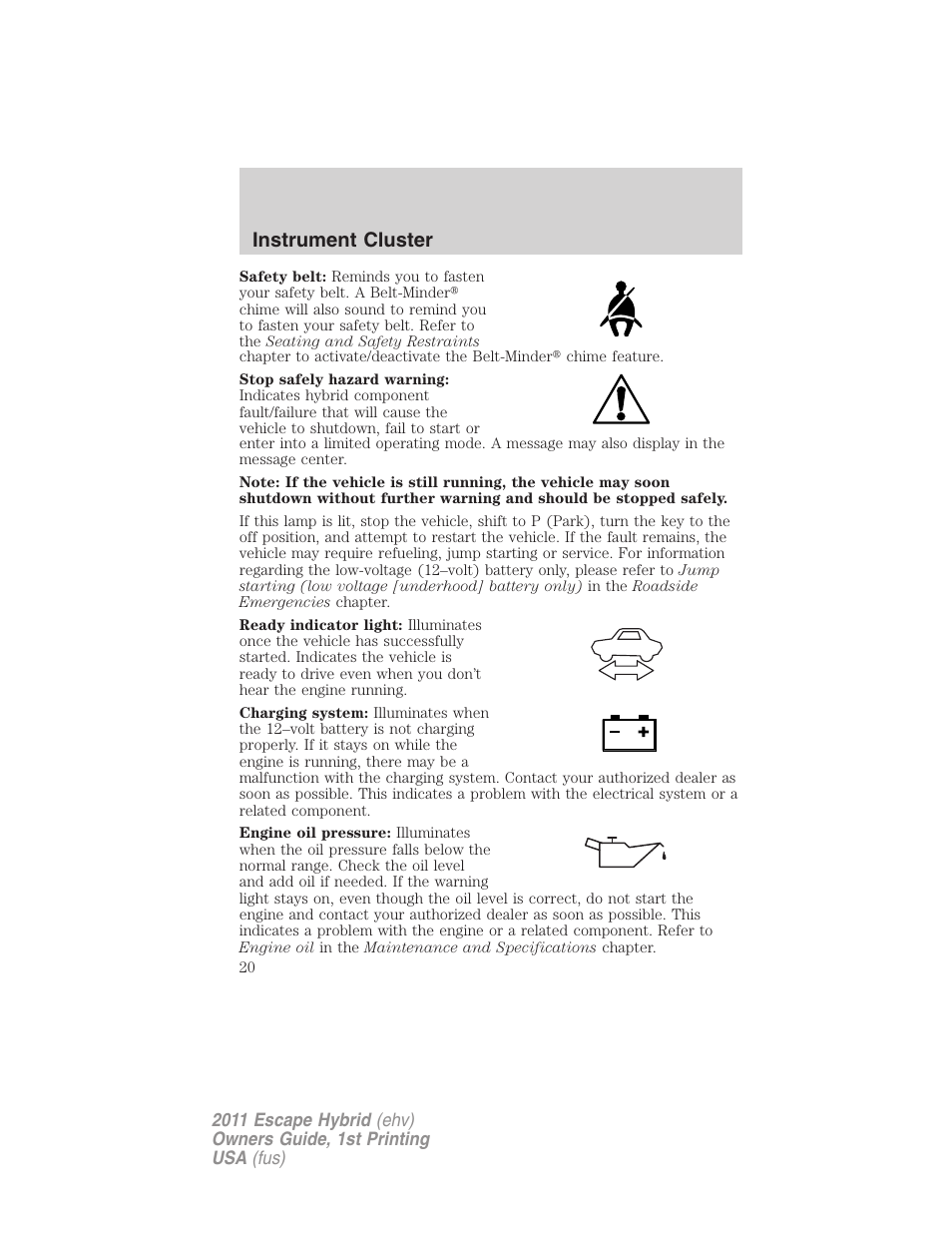 Instrument cluster | FORD 2011 Escape Hybrid v.1 User Manual | Page 20 / 363