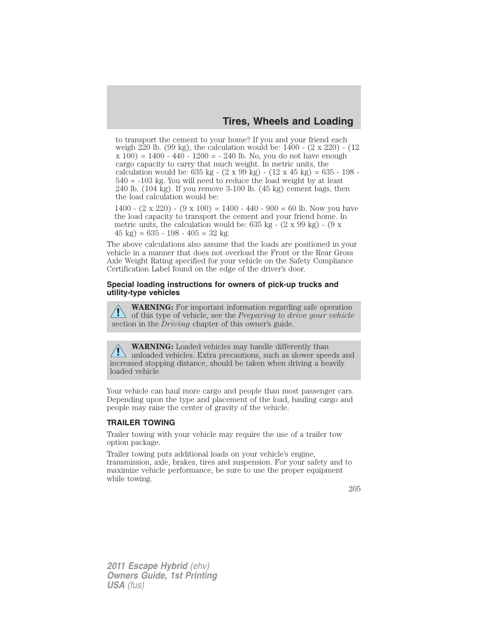 Trailer towing, Tires, wheels and loading | FORD 2011 Escape Hybrid v.1 User Manual | Page 205 / 363