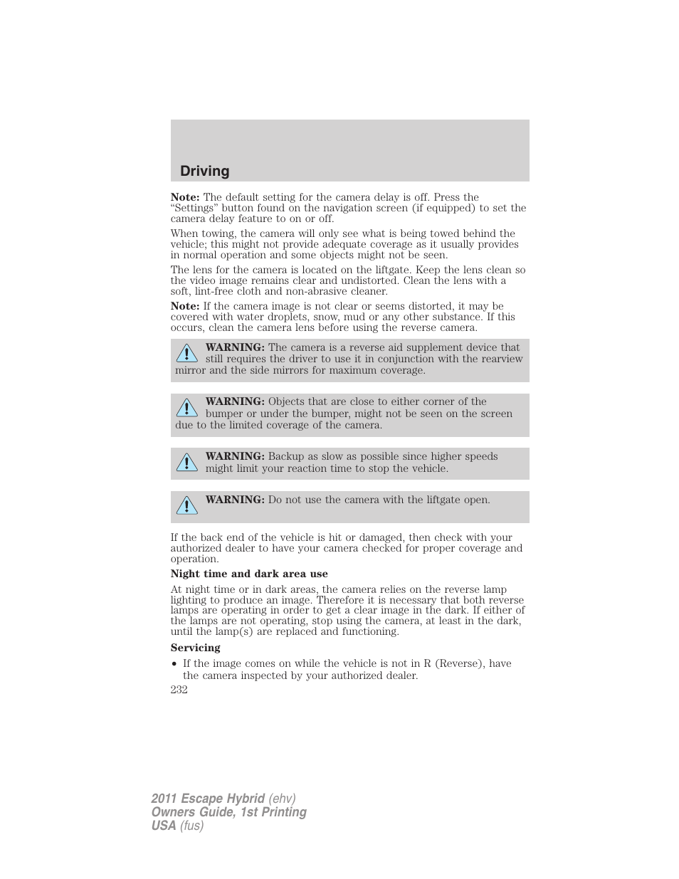 Driving | FORD 2011 Escape Hybrid v.1 User Manual | Page 232 / 363