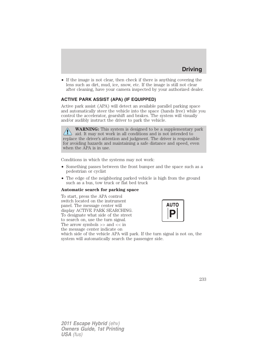 Active park assist (apa) (if equipped), Driving | FORD 2011 Escape Hybrid v.1 User Manual | Page 233 / 363