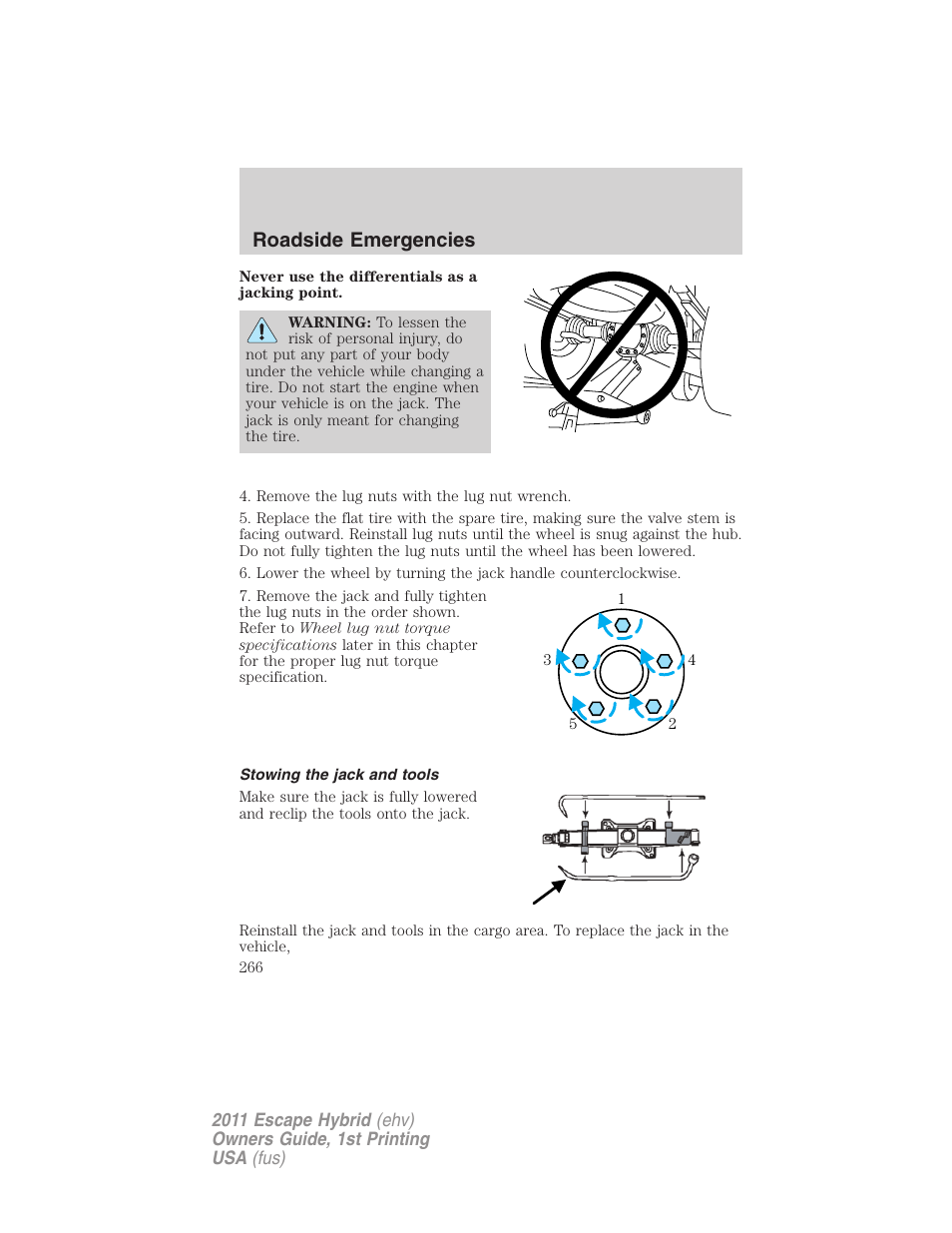 Stowing the jack and tools, Roadside emergencies | FORD 2011 Escape Hybrid v.1 User Manual | Page 266 / 363