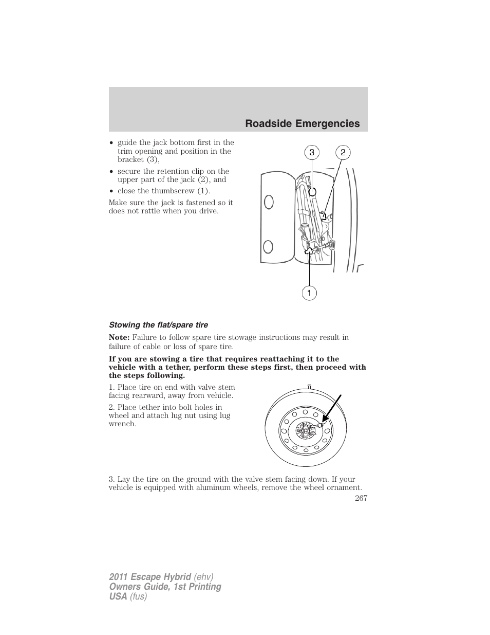 Stowing the flat/spare tire, Roadside emergencies | FORD 2011 Escape Hybrid v.1 User Manual | Page 267 / 363