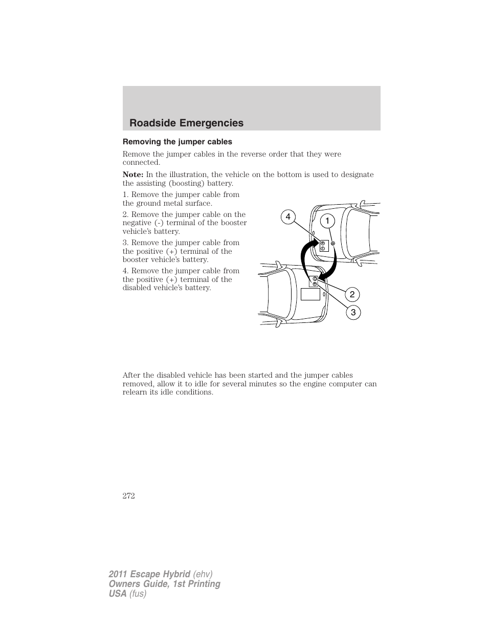 Removing the jumper cables, Roadside emergencies | FORD 2011 Escape Hybrid v.1 User Manual | Page 272 / 363