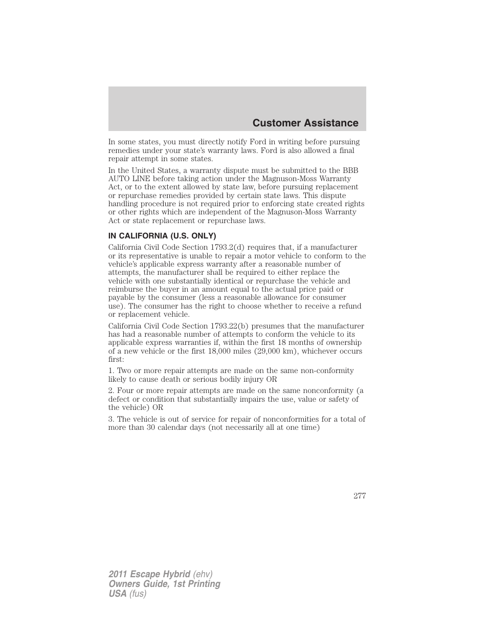 In california (u.s. only), Customer assistance | FORD 2011 Escape Hybrid v.1 User Manual | Page 277 / 363