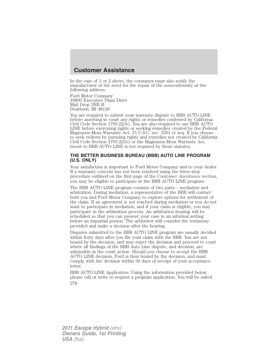 Customer assistance | FORD 2011 Escape Hybrid v.1 User Manual | Page 278 / 363