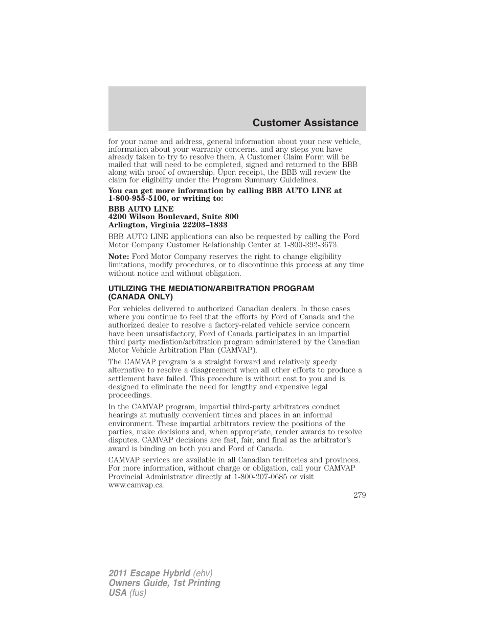 Customer assistance | FORD 2011 Escape Hybrid v.1 User Manual | Page 279 / 363