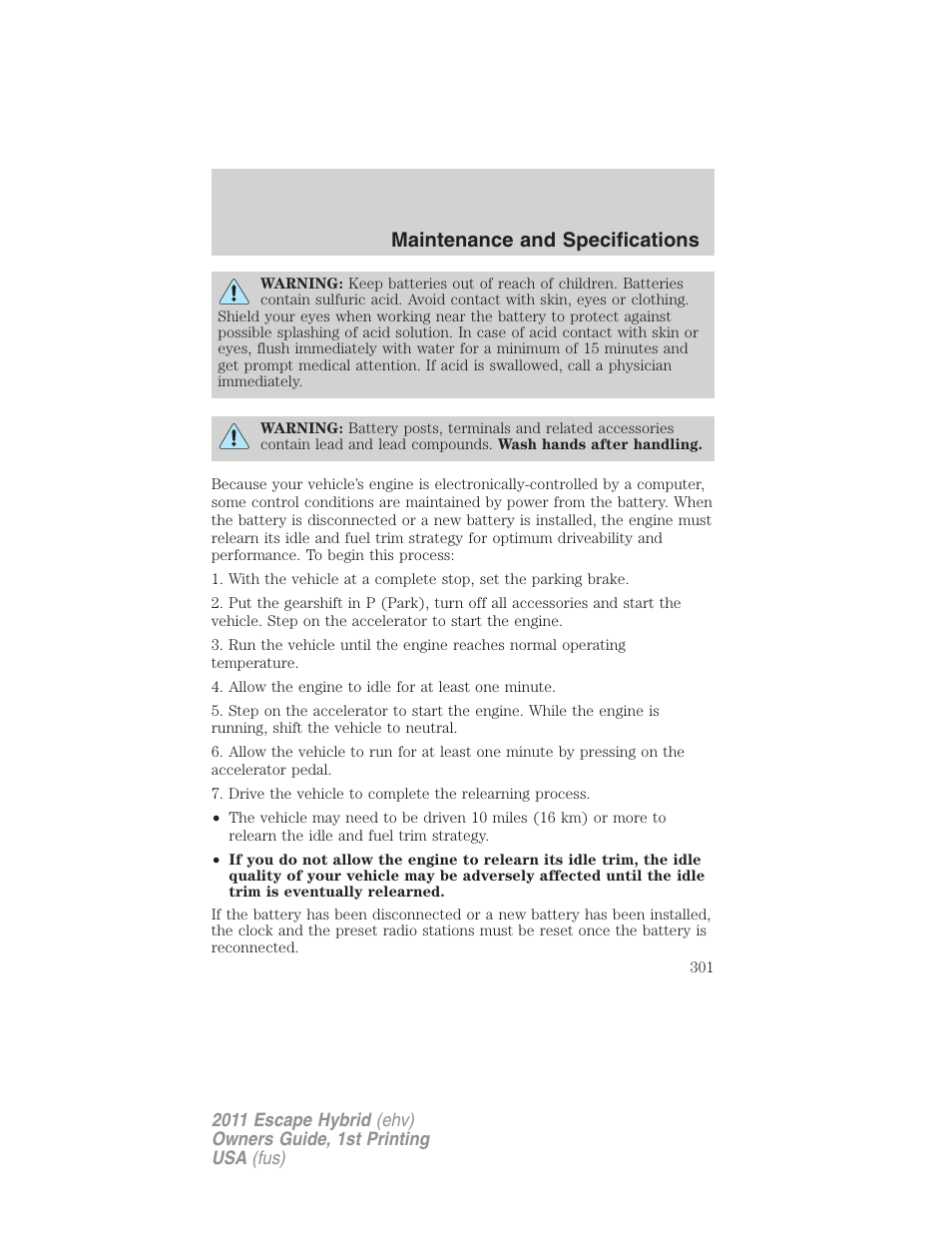 Maintenance and specifications | FORD 2011 Escape Hybrid v.1 User Manual | Page 301 / 363