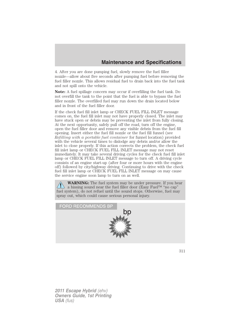 Maintenance and specifications | FORD 2011 Escape Hybrid v.1 User Manual | Page 311 / 363