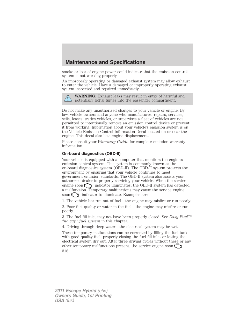 On-board diagnostics (obd-ii), Maintenance and specifications | FORD 2011 Escape Hybrid v.1 User Manual | Page 318 / 363