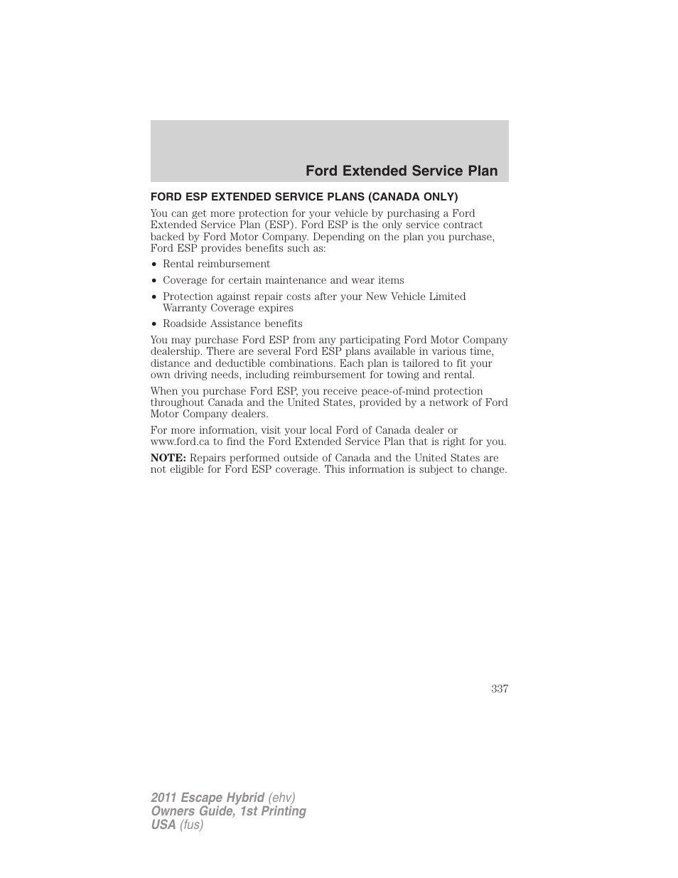 Ford esp extended service plans (canada only), Ford extended service plan | FORD 2011 Escape Hybrid v.1 User Manual | Page 337 / 363