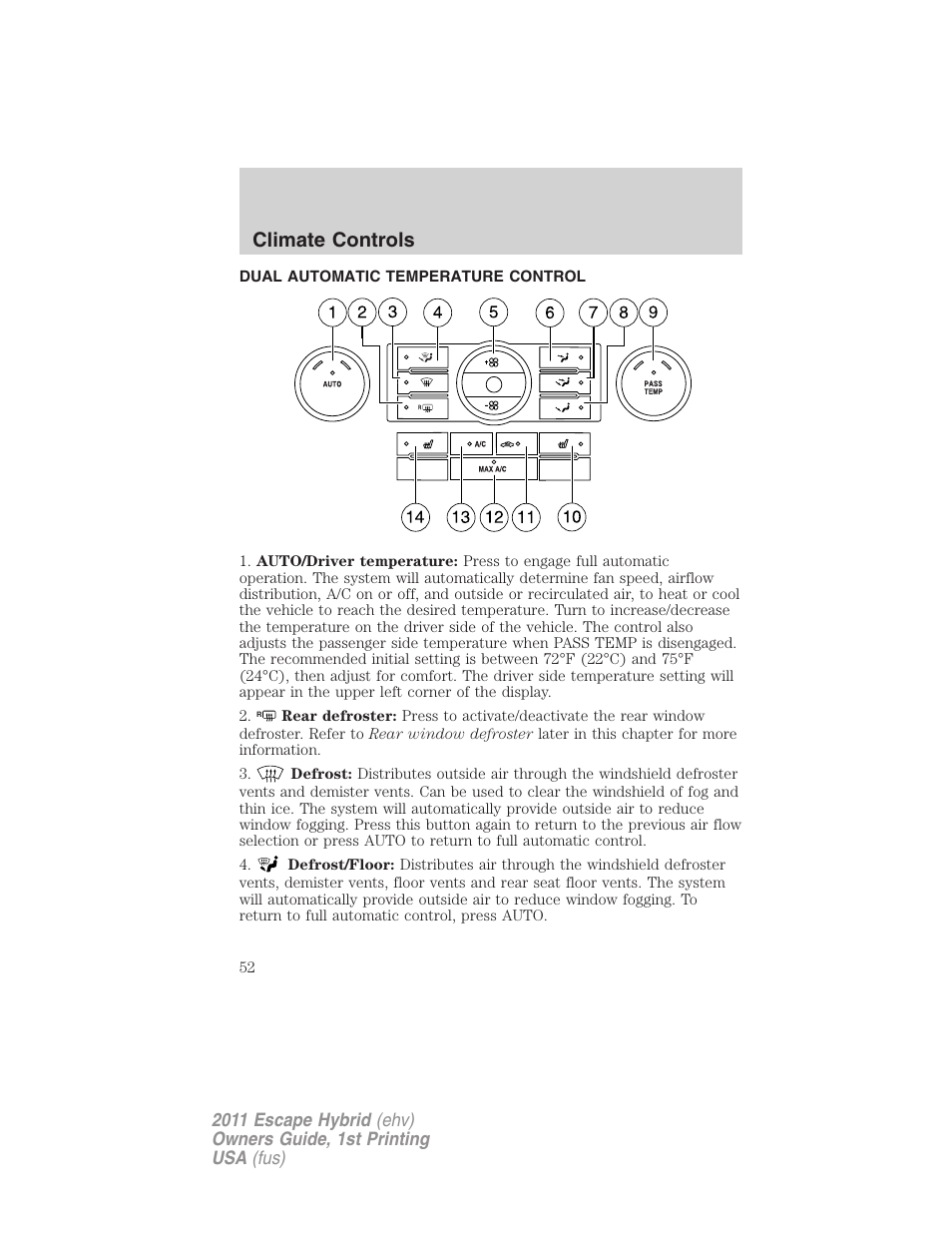 Climate controls, Dual automatic temperature control | FORD 2011 Escape Hybrid v.1 User Manual | Page 52 / 363