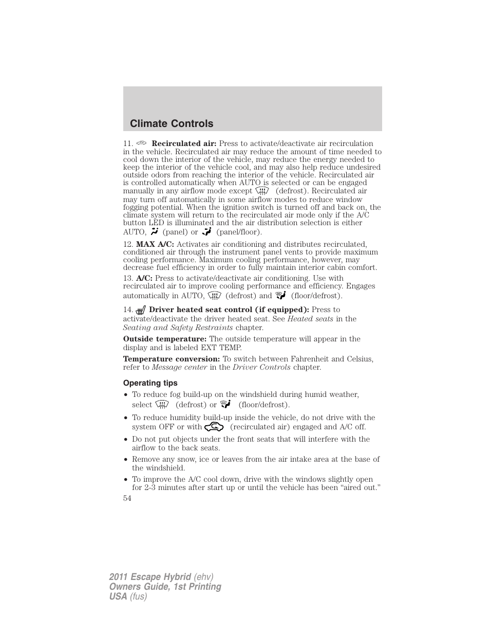 Operating tips, Climate controls | FORD 2011 Escape Hybrid v.1 User Manual | Page 54 / 363