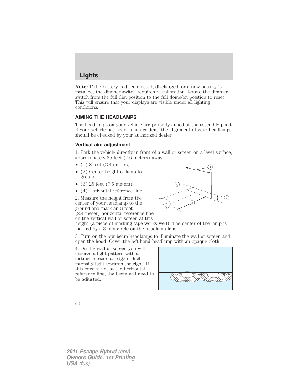 Aiming the headlamps, Vertical aim adjustment, Lights | FORD 2011 Escape Hybrid v.1 User Manual | Page 60 / 363