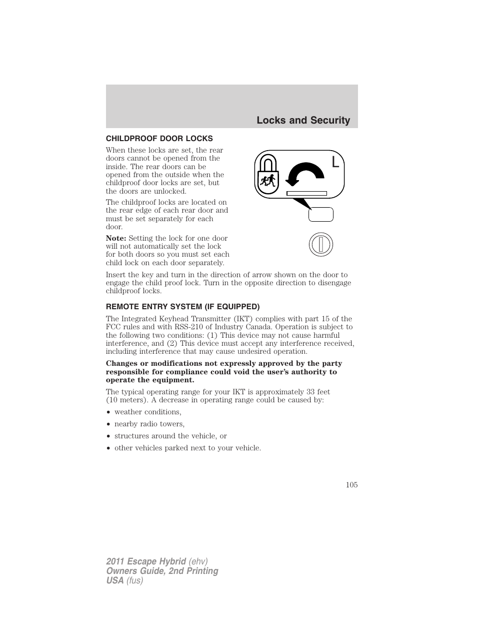 Childproof door locks, Remote entry system (if equipped), Locks and security | FORD 2011 Escape Hybrid v.2 User Manual | Page 105 / 363