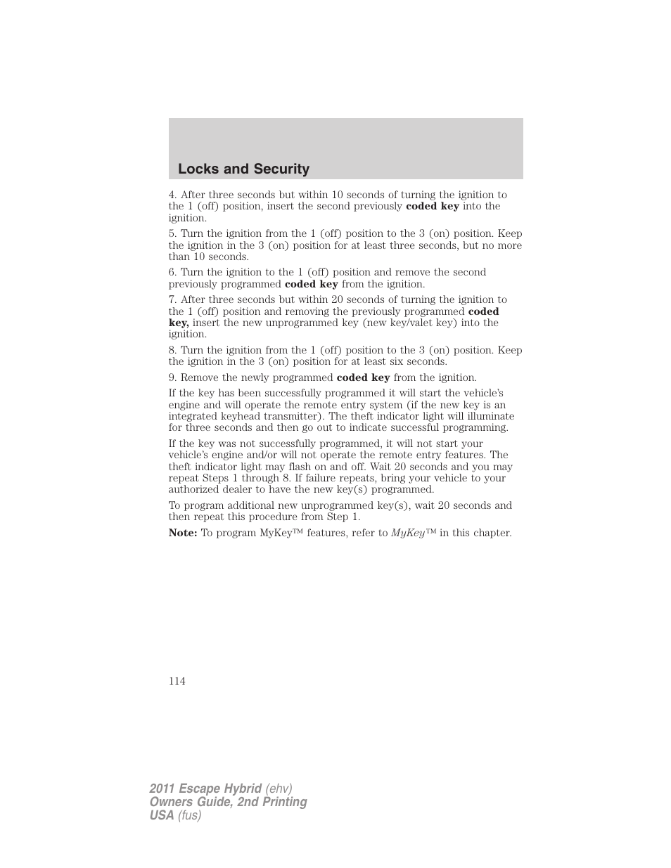 Locks and security | FORD 2011 Escape Hybrid v.2 User Manual | Page 114 / 363