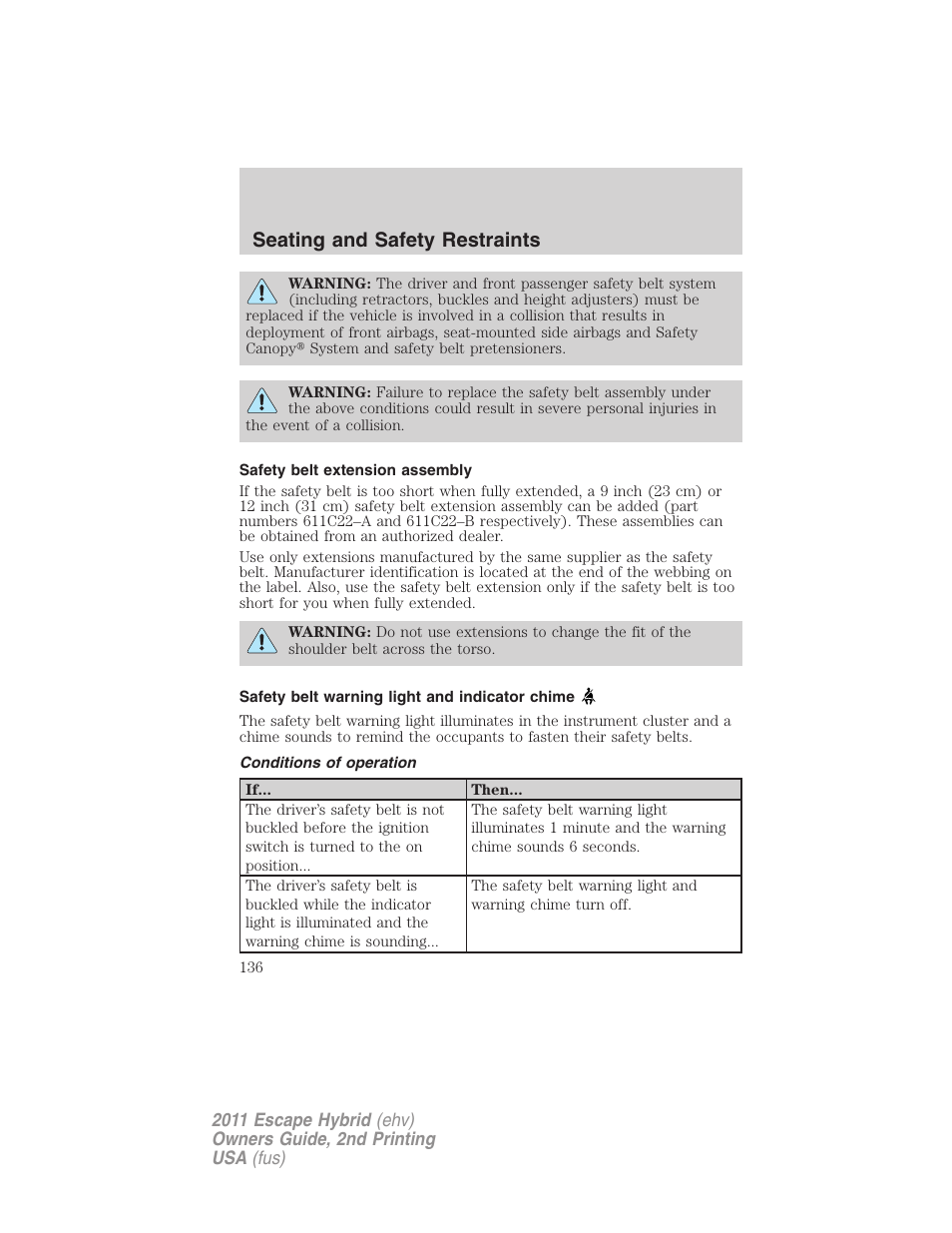 Safety belt extension assembly, Safety belt warning light and indicator chime, Conditions of operation | Seating and safety restraints | FORD 2011 Escape Hybrid v.2 User Manual | Page 136 / 363