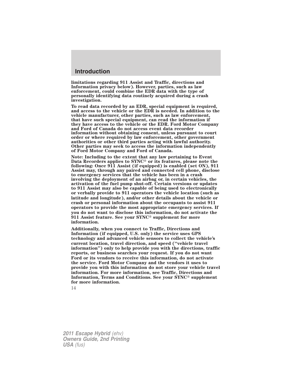 Introduction | FORD 2011 Escape Hybrid v.2 User Manual | Page 14 / 363