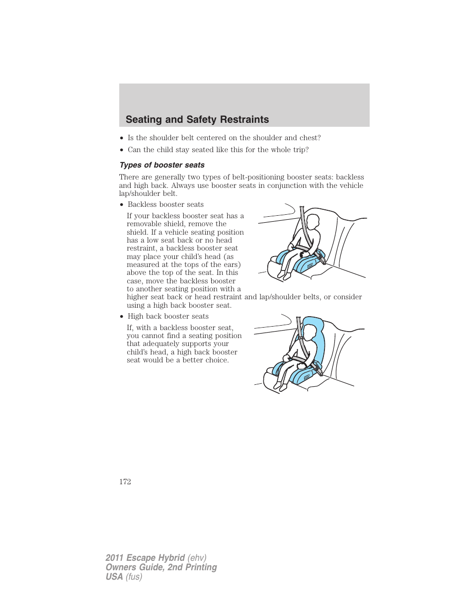 Types of booster seats, Seating and safety restraints | FORD 2011 Escape Hybrid v.2 User Manual | Page 172 / 363