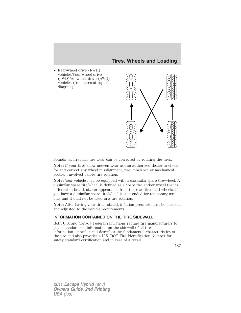 Information contained on the tire sidewall, Tires, wheels and loading | FORD 2011 Escape Hybrid v.2 User Manual | Page 187 / 363