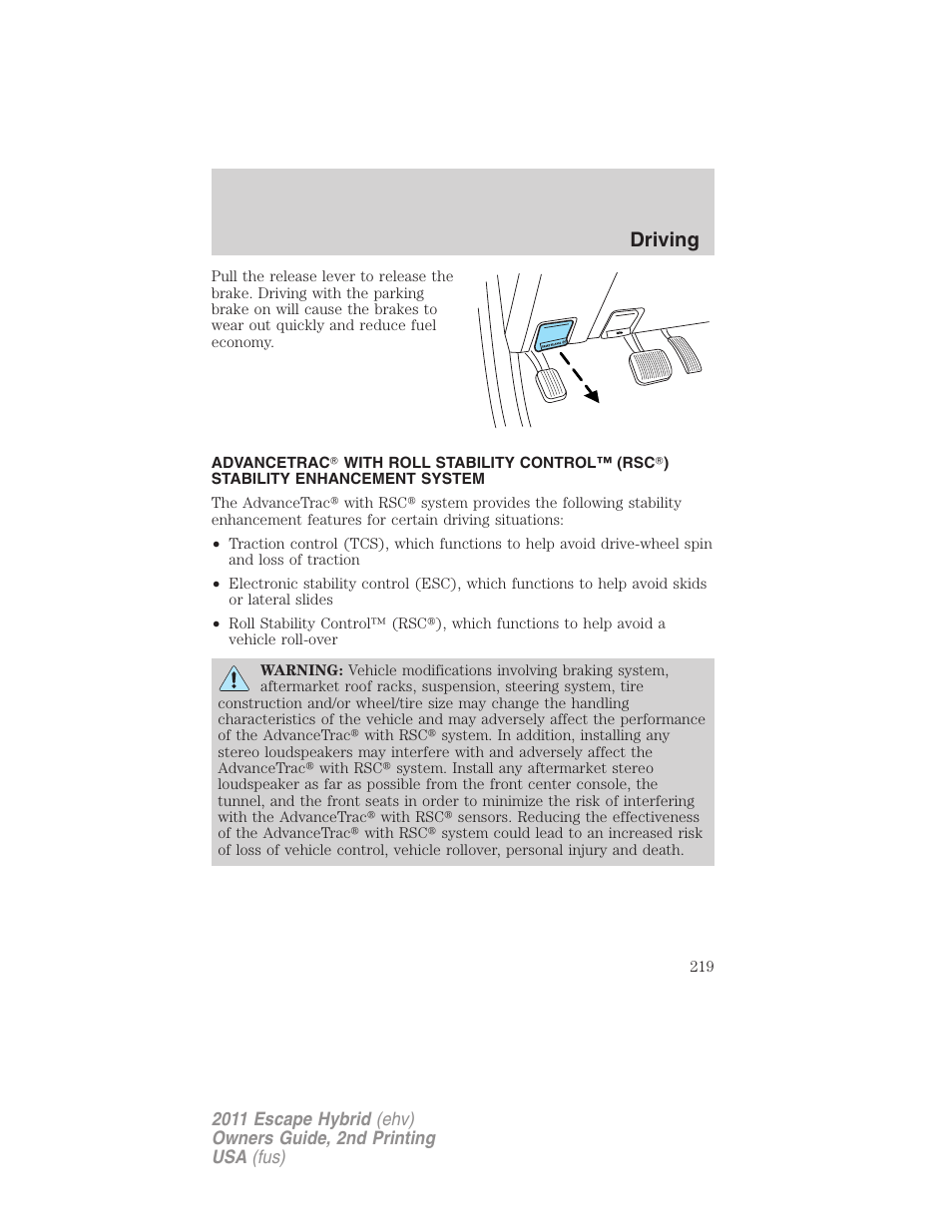 Advancetrac, Driving | FORD 2011 Escape Hybrid v.2 User Manual | Page 219 / 363