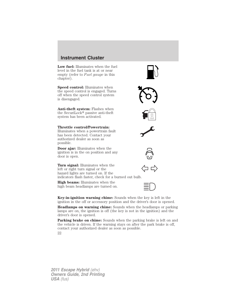 Instrument cluster | FORD 2011 Escape Hybrid v.2 User Manual | Page 22 / 363