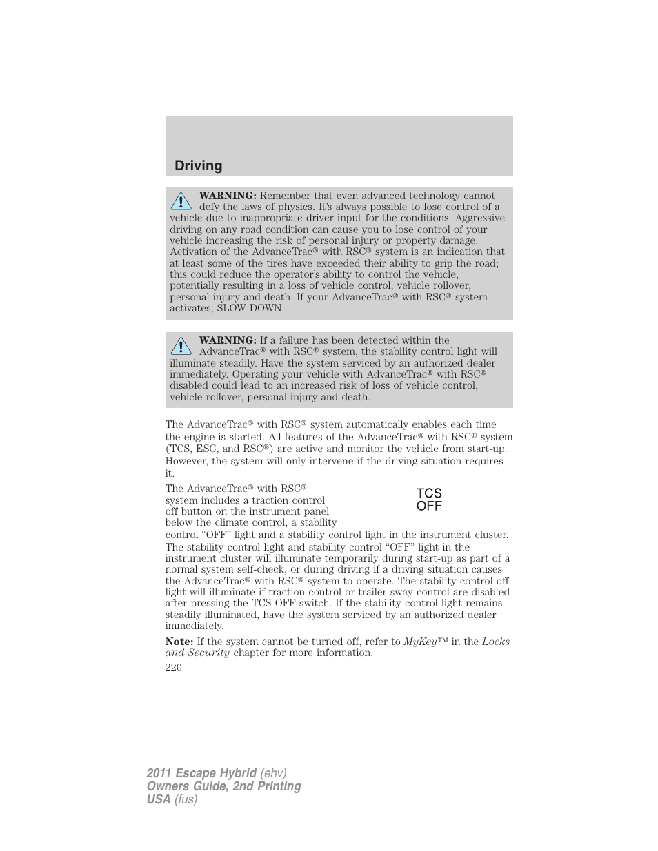 Driving | FORD 2011 Escape Hybrid v.2 User Manual | Page 220 / 363