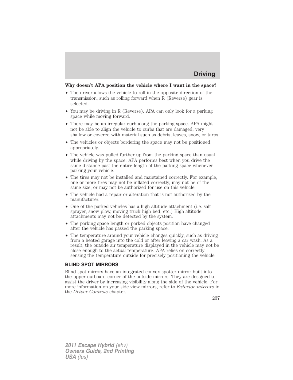 Blind spot mirrors, Driving | FORD 2011 Escape Hybrid v.2 User Manual | Page 237 / 363
