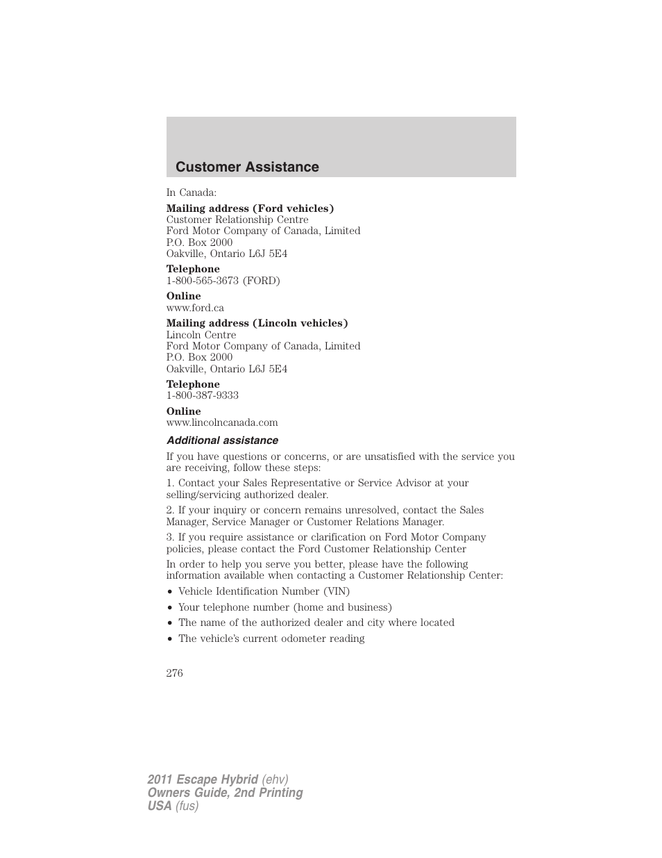 Additional assistance, Customer assistance | FORD 2011 Escape Hybrid v.2 User Manual | Page 276 / 363