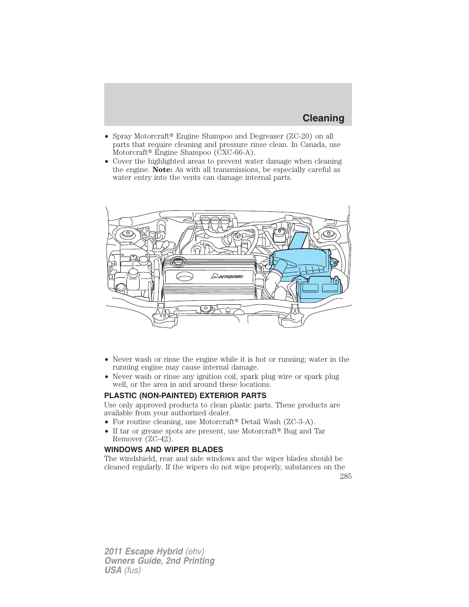 Plastic (non-painted) exterior parts, Windows and wiper blades, Cleaning | FORD 2011 Escape Hybrid v.2 User Manual | Page 285 / 363